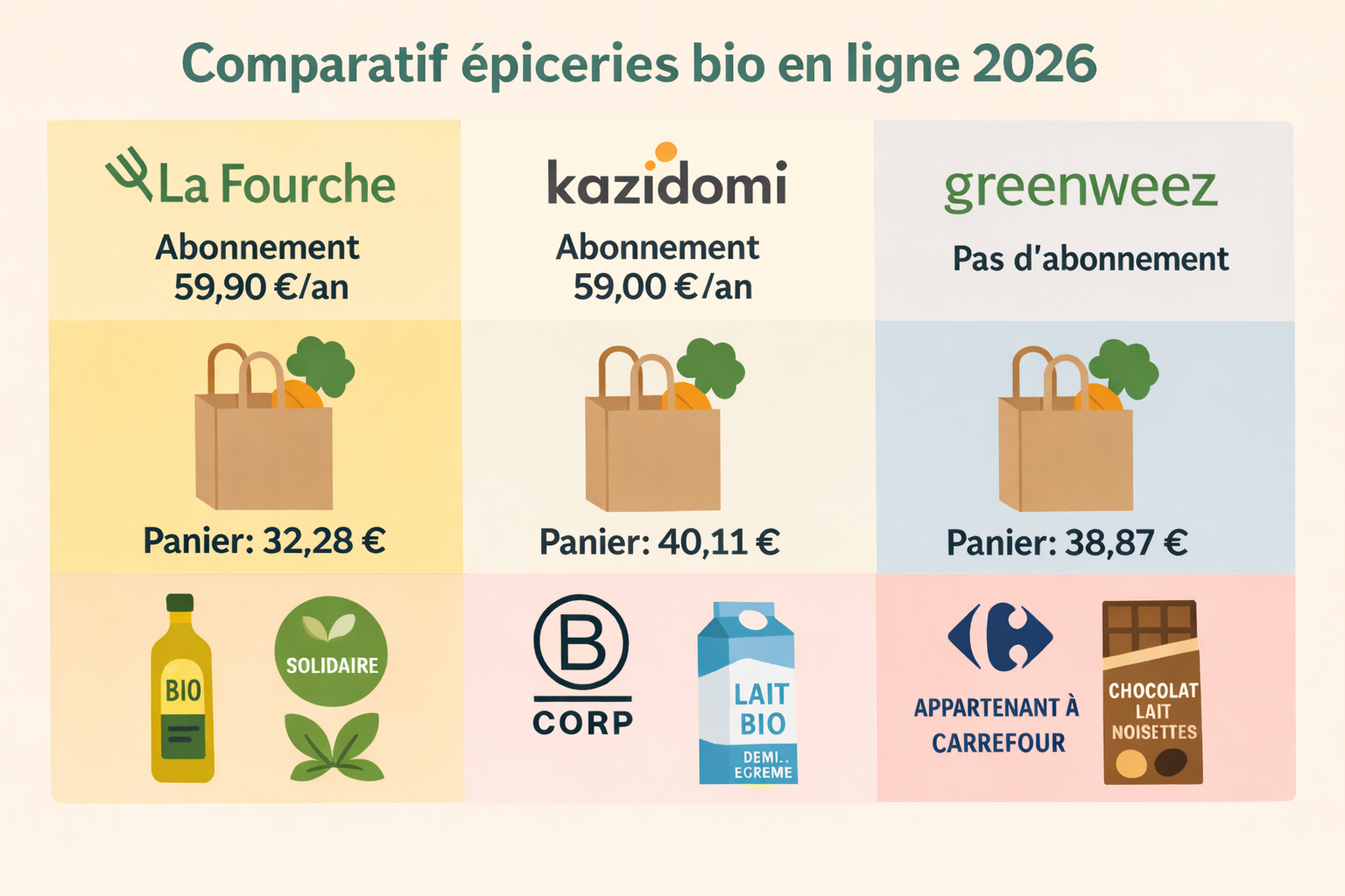 Greenweez ou La Fourche ? Comparatif épicerie bio en ligne 2026 (avec Kazidomi)