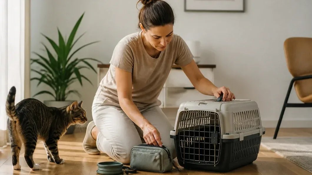 Un chat observe sa maîtresse préparer un sac et une caisse de transport dans le salon