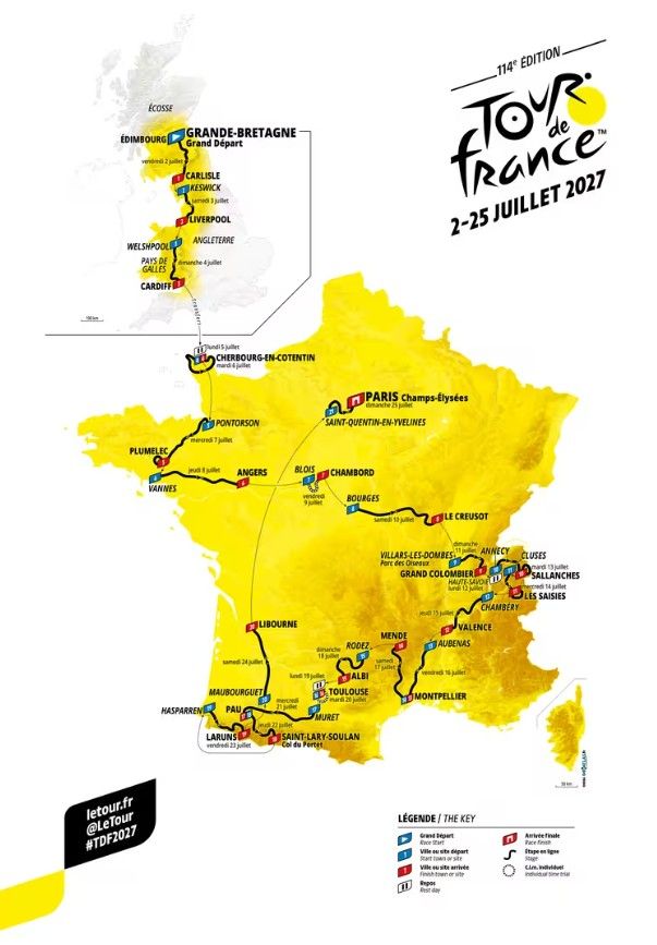 Carte du parcours du Tour de France 2027, du Grand Départ d'Édimbourg à l'arrivée sur les Champs-Élysées