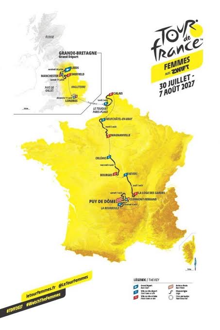 Carte du parcours du Tour de France Femmes 2027, de Leeds au puy de Dôme